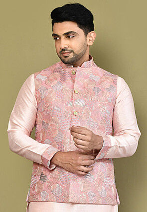 Embroidered Art Silk Nehru Jacket in Peach