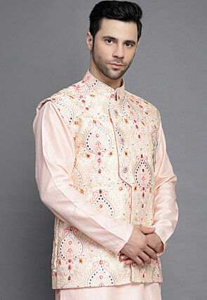 Embroidered Art Silk Nehru Jacket in Peach