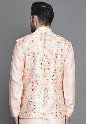Embroidered Art Silk Nehru Jacket in Peach
