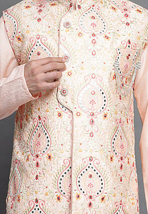 Embroidered Art Silk Nehru Jacket in Peach