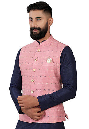 Embroidered Art Silk Nehru Jacket in Pink
