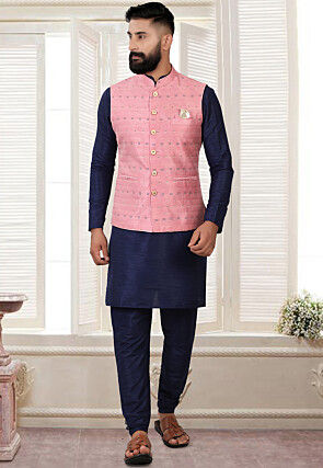 Embroidered Art Silk Nehru Jacket in Pink