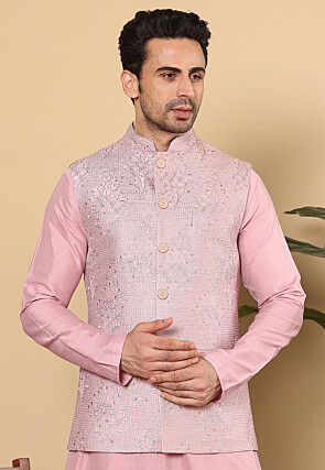 Embroidered Art Silk Nehru Jacket in Pink