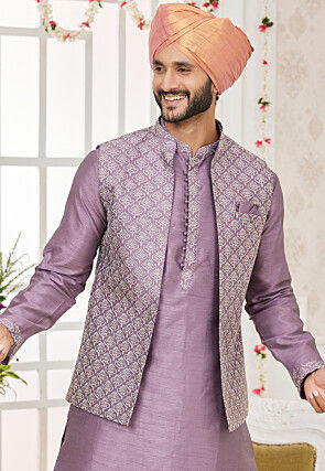 Embroidered Art Silk Nehru Jacket in Purple