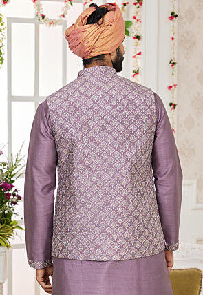 Embroidered Art Silk Nehru Jacket in Purple