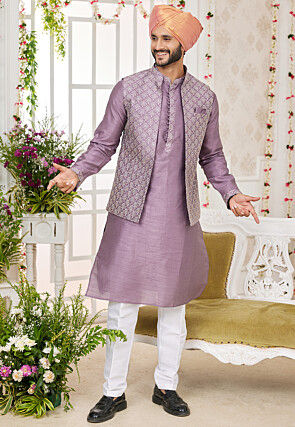 Embroidered Art Silk Nehru Jacket in Purple