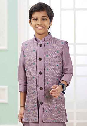 Embroidered Art Silk Nehru Jacket in Purple