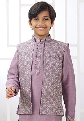 Embroidered Art Silk Nehru Jacket in Purple