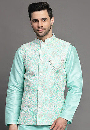 Embroidered Art Silk Nehru Jacket in Sea Green