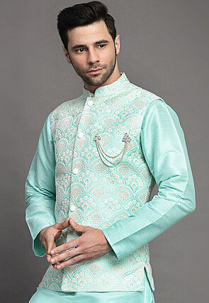 Embroidered Art Silk Nehru Jacket in Sea Green