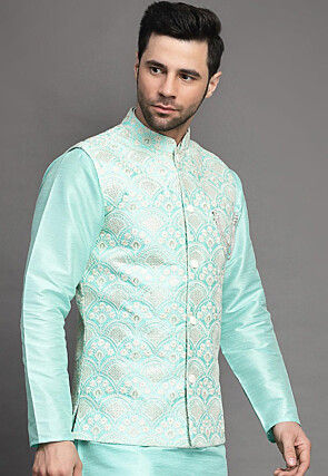 Embroidered Art Silk Nehru Jacket in Sea Green
