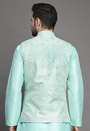 Embroidered Art Silk Nehru Jacket in Sea Green