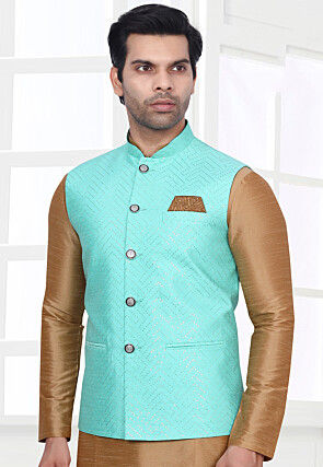 Embroidered Art Silk Nehru Jacket in Sky Blue