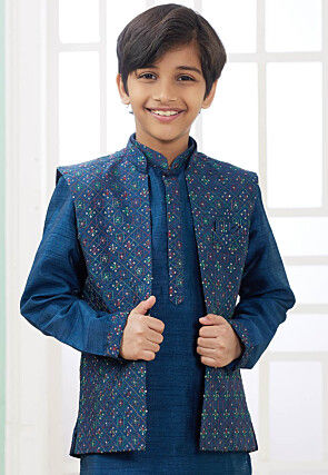 Embroidered Art Silk Nehru Jacket in Teal Blue