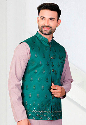 Embroidered Art Silk Nehru Jacket in Teal Green