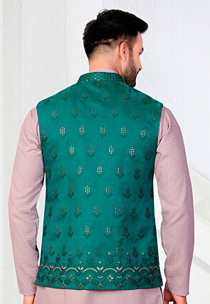 Embroidered Art Silk Nehru Jacket in Teal Green