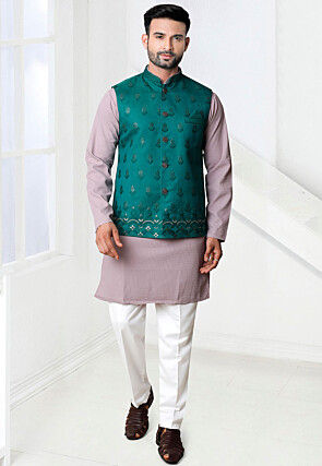 Embroidered Art Silk Nehru Jacket in Teal Green