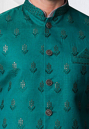 Embroidered Art Silk Nehru Jacket in Teal Green