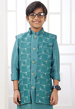 Embroidered Art Silk Nehru Jacket in Teal Green