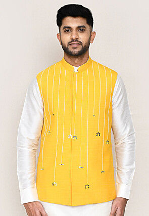 Embroidered Art Silk Nehru Jacket in Yellow