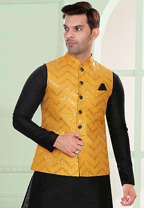 Buy Festival Wear Yellow Jacquard Banarasi Silk Kurta Pajama With Jacket  Online From Surat Wholesale Shop.