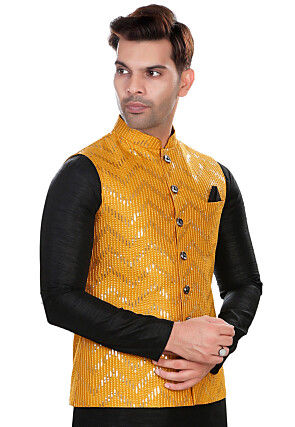 Embroidered Art Silk Nehru Jacket in Yellow