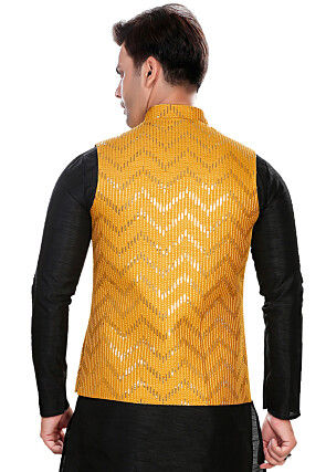 Embroidered Art Silk Nehru Jacket in Yellow