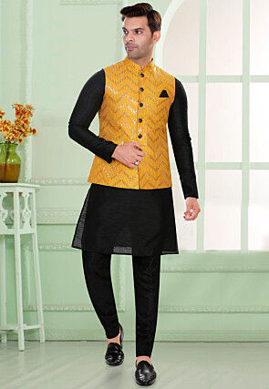 Embroidered Art Silk Nehru Jacket in Yellow