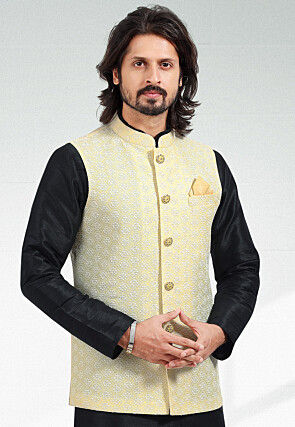 Embroidered Art Silk Nehru Jacket in Yellow