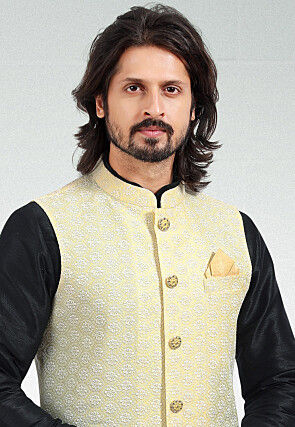 Embroidered Art Silk Nehru Jacket in Yellow