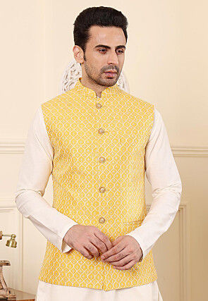 Embroidered Art Silk Nehru Jacket in Yellow