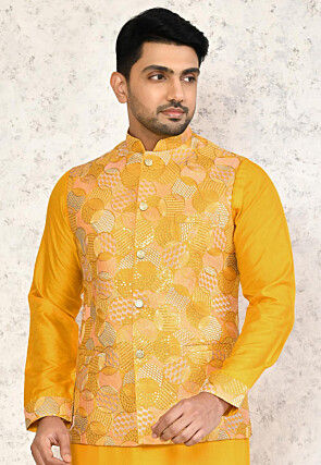Embroidered Art Silk Nehru Jacket in Yellow