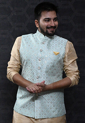 Embroidered Art Silk Nehru Jacket in Blue