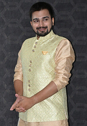 Embroidered Art Silk Nehru Jacket in Dusty Green