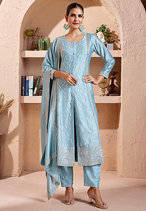 Embroidered Art Silk Pakistani Front Open Suit in Light Blue