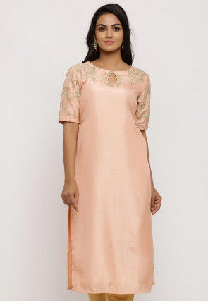 Embroidered Art Silk Pakistani Kurta in Old Rose