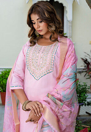 Embroidered Art Silk Pakistani Suit in Baby Pink