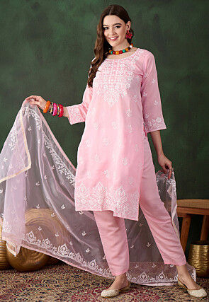 Embroidered Art Silk Pakistani Suit in Baby Pink