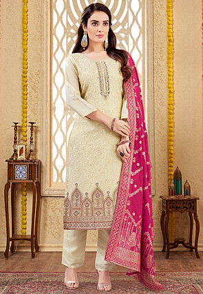Embroidered Art Silk Pakistani Suit in Beige