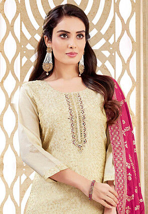 Embroidered Art Silk Pakistani Suit in Beige