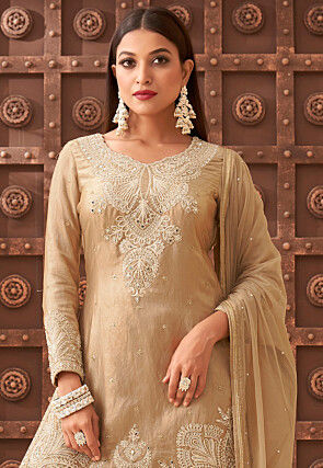 Embroidered Art Silk Pakistani Suit in Beige