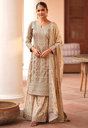 Embroidered Art Silk Pakistani Suit in Beige