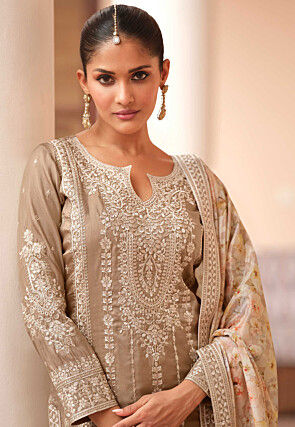 Embroidered Art Silk Pakistani Suit in Beige