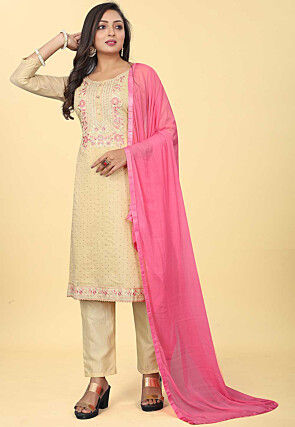 Embroidered Art Silk Pakistani Suit in Beige