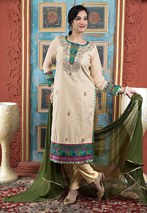 Embroidered Art Silk Pakistani Suit in Beige