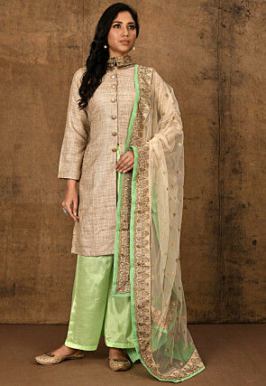 Embroidered Art Silk Pakistani Suit in Beige