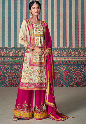 Embroidered Art Silk Pakistani Suit in Beige