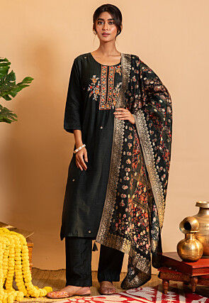 Embroidered Art Silk Pakistani Suit in Black