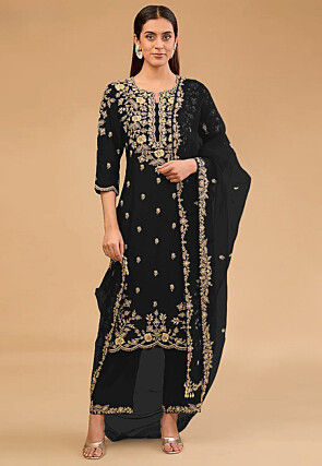 Embroidered Art Silk Pakistani Suit in Black