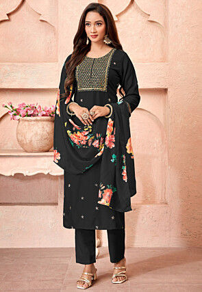 Embroidered Art Silk Pakistani Suit in Black